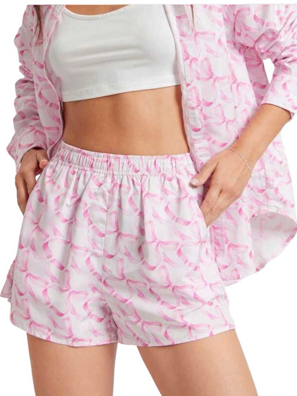 WESTFADE Pink Ribbon Print Sleep Shorts